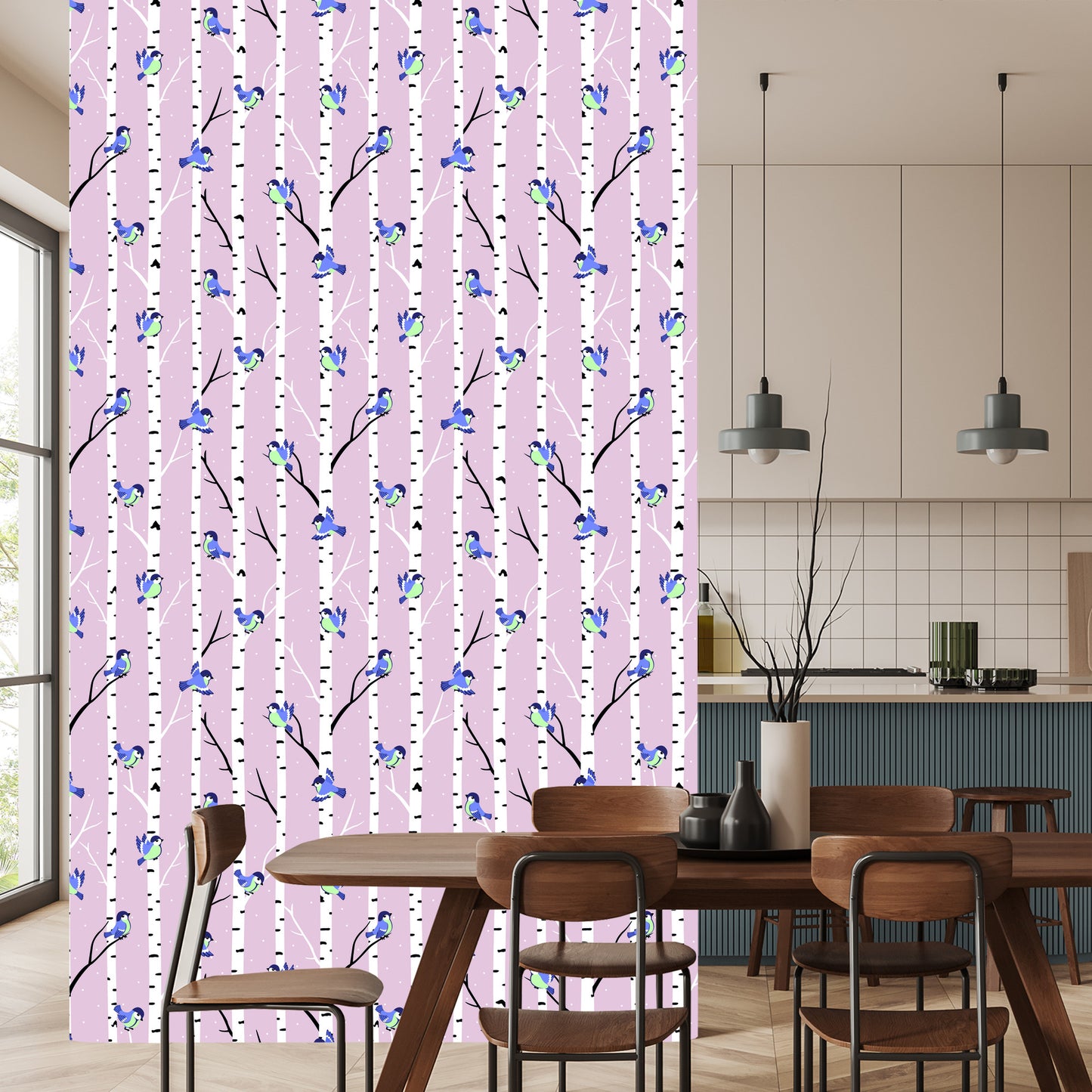 Wallpaper Colorful Birds Among Birches