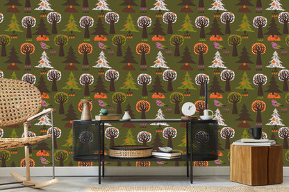 Wallpaper Trees, Green Birds For A Baby's Room