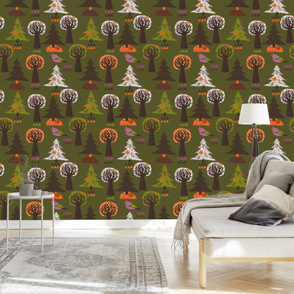 Wallpaper Trees, Green Birds For A Baby's Room