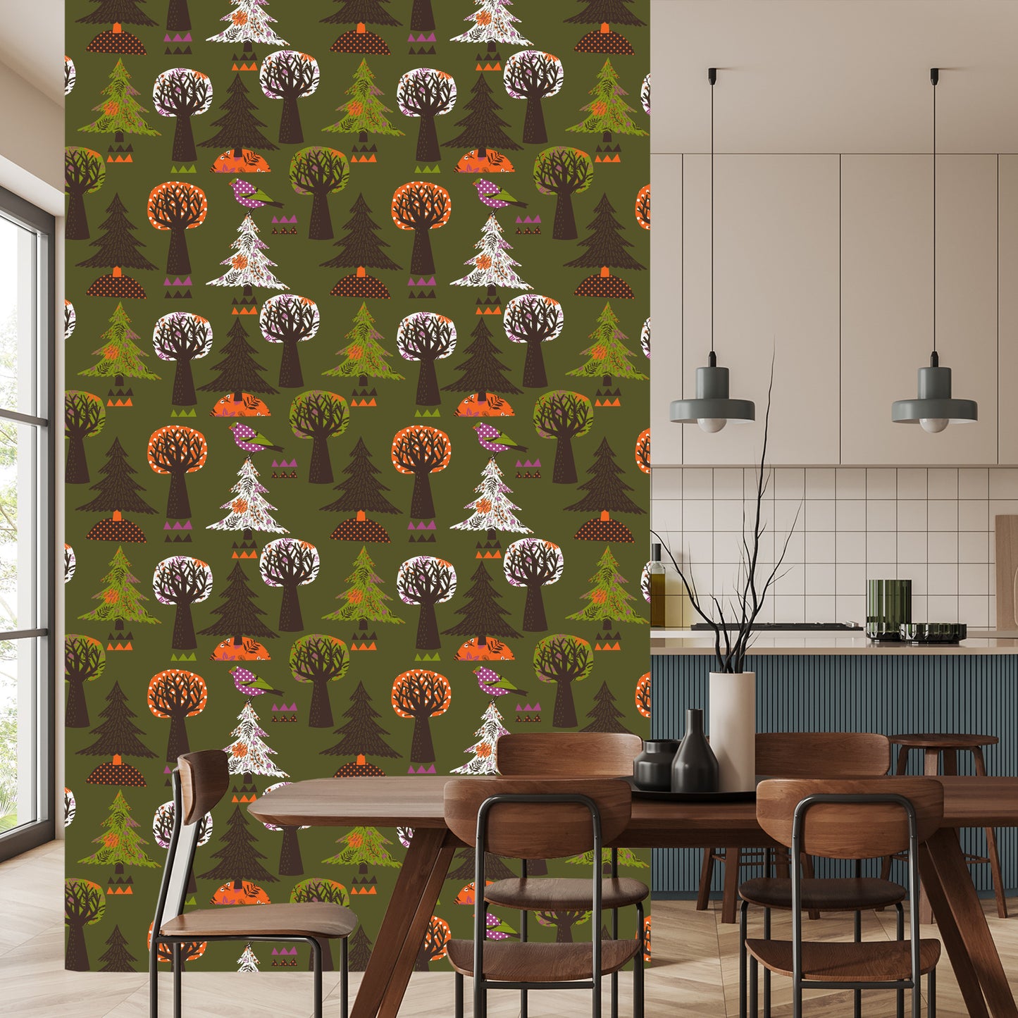 Wallpaper Trees, Green Birds For A Baby's Room