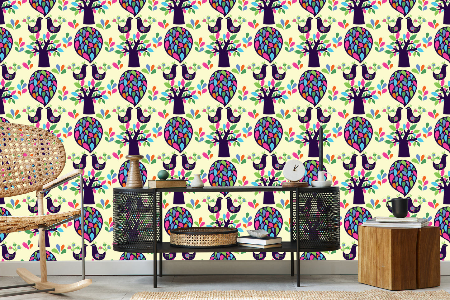 Wallpaper Birds Tree With Leaves For A Baby's Room