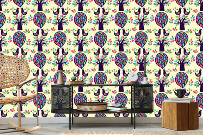 Wallpaper Birds Tree With Leaves For A Baby's Room