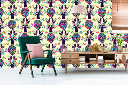 Wallpaper Birds Tree With Leaves For A Baby's Room