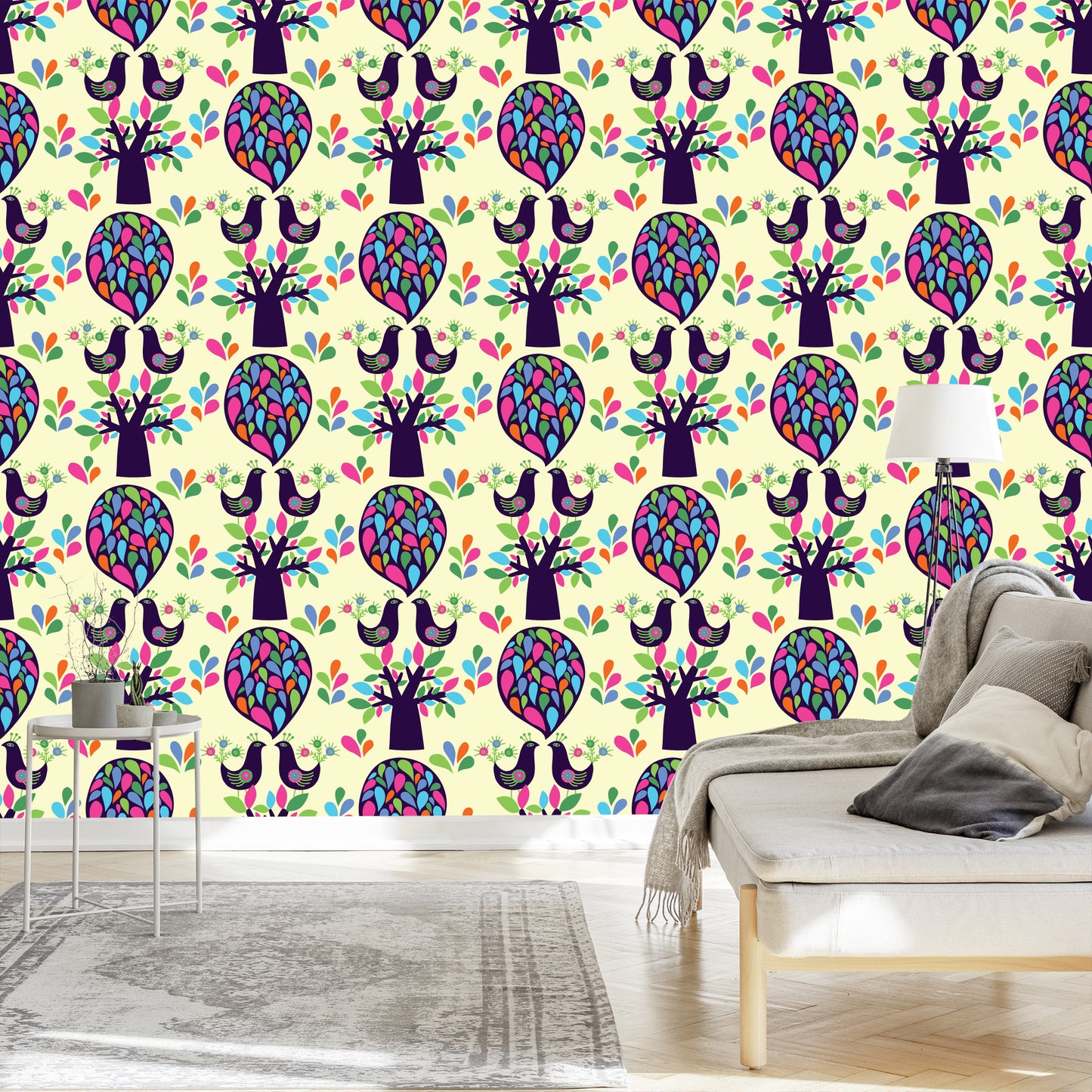 Wallpaper Birds Tree With Leaves For A Baby's Room