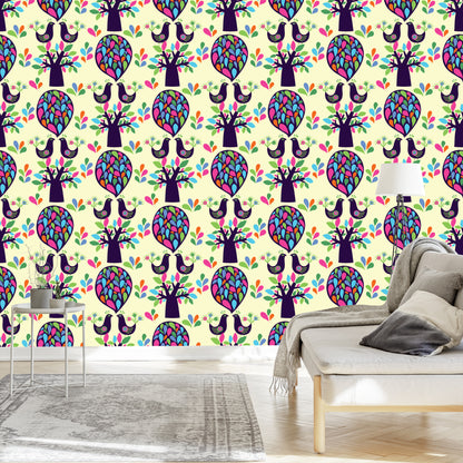 Wallpaper Birds Tree With Leaves For A Baby's Room