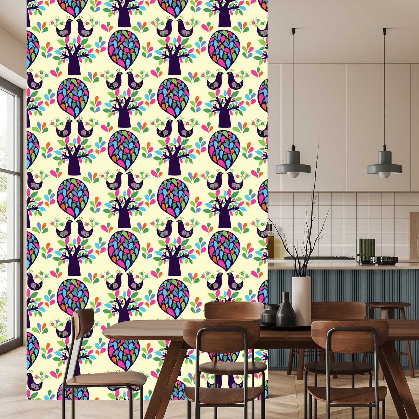 Wallpaper Birds Tree With Leaves For A Baby's Room