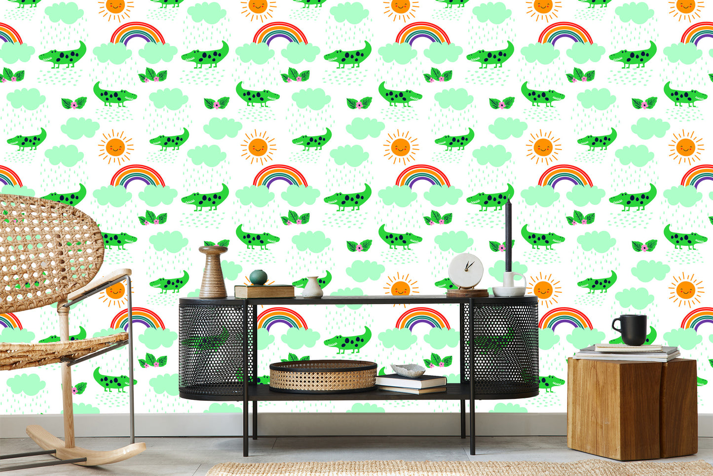 Wallpaper For Children, Crocodiles, Clouds, Rainbow Flowers