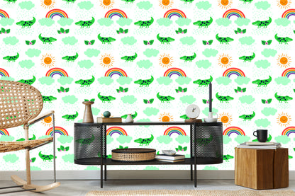 Wallpaper For Children, Crocodiles, Clouds, Rainbow Flowers