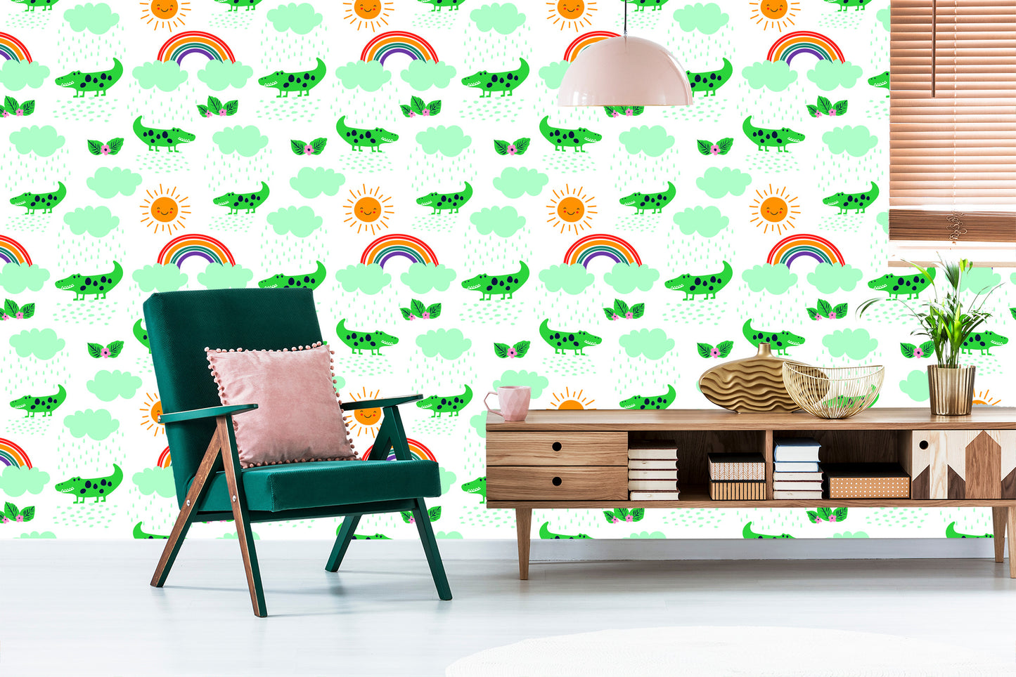 Wallpaper For Children, Crocodiles, Clouds, Rainbow Flowers