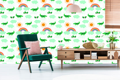 Wallpaper For Children, Crocodiles, Clouds, Rainbow Flowers