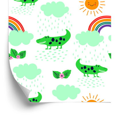 Wallpaper For Children, Crocodiles, Clouds, Rainbow Flowers