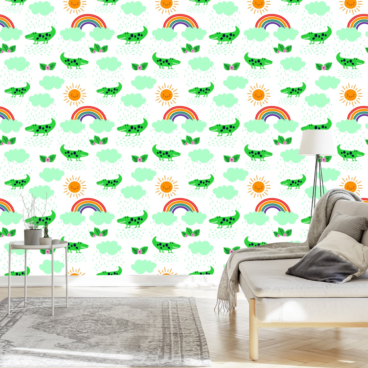 Wallpaper For Children, Crocodiles, Clouds, Rainbow Flowers