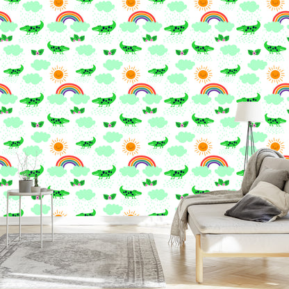 Wallpaper For Children, Crocodiles, Clouds, Rainbow Flowers