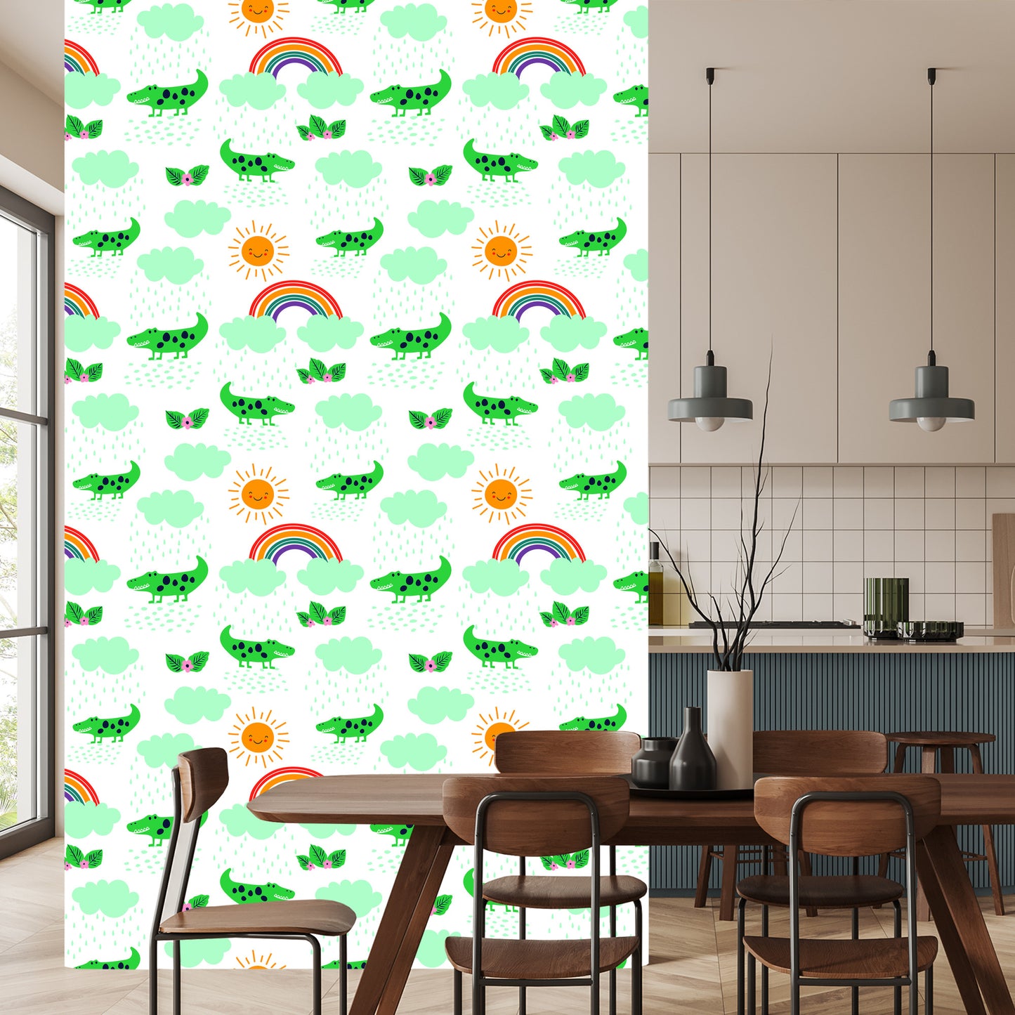 Wallpaper For Children, Crocodiles, Clouds, Rainbow Flowers