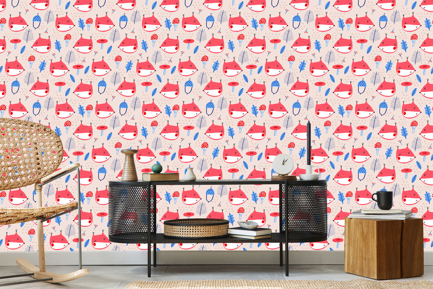 Wallpaper For Children, Fox Leaves. Scandinavian Style