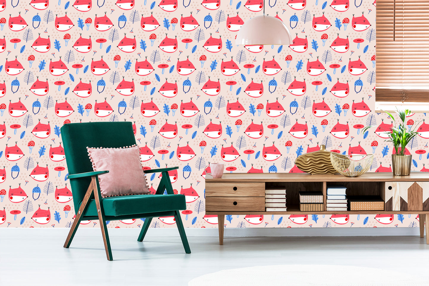 Wallpaper For Children, Fox Leaves. Scandinavian Style