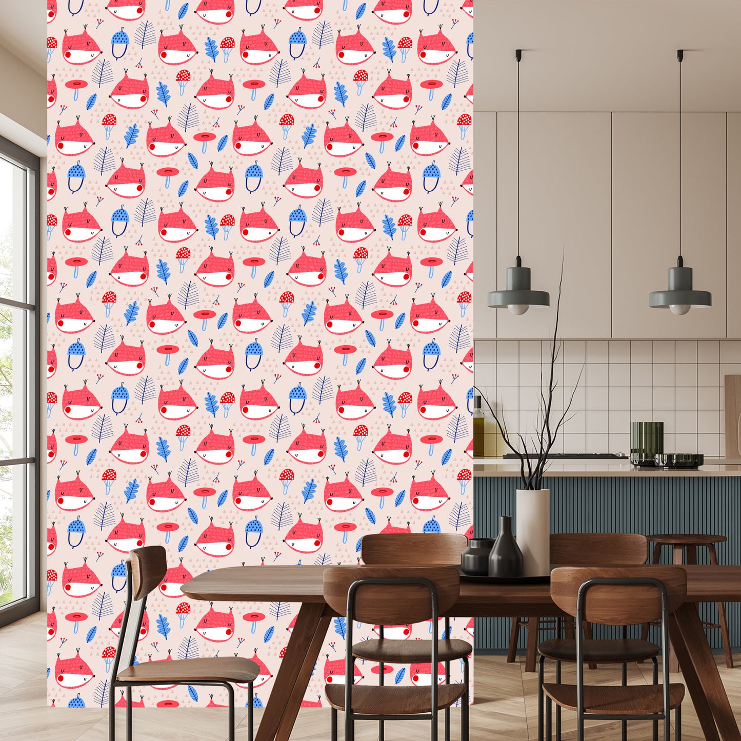 Wallpaper For Children, Fox Leaves. Scandinavian Style