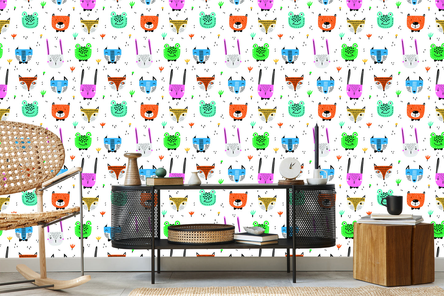 Wallpaper For Children - Cheerful Colorful Forest Animals In The Scandinavian Style