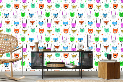 Wallpaper For Children - Cheerful Colorful Forest Animals In The Scandinavian Style