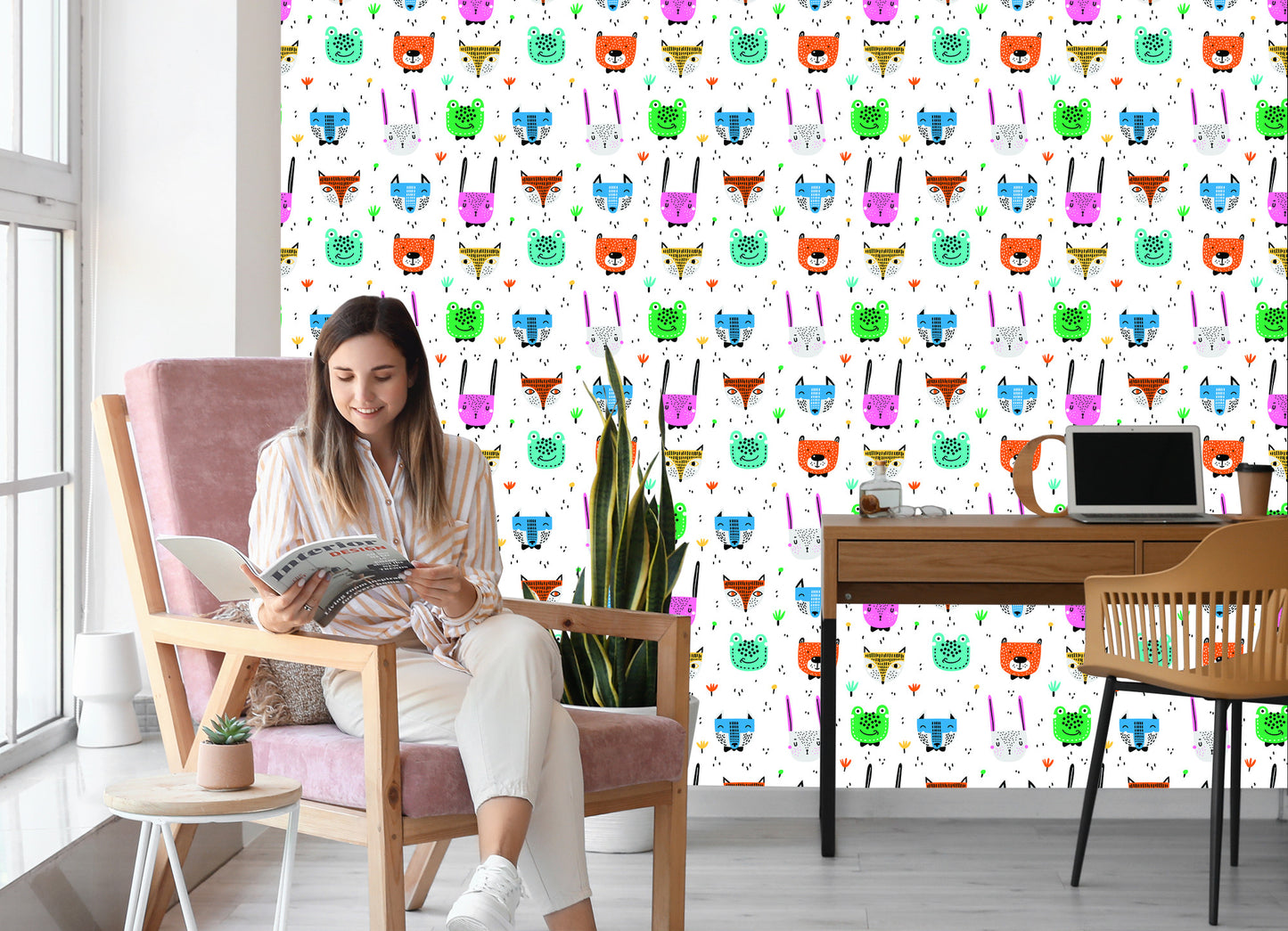 Wallpaper For Children - Cheerful Colorful Forest Animals In The Scandinavian Style