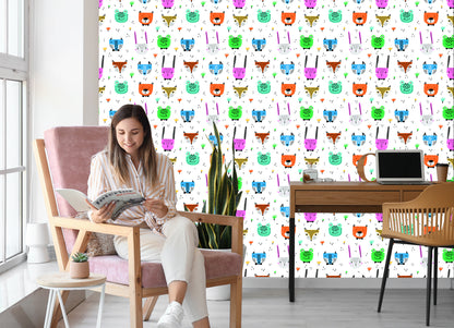 Wallpaper For Children - Cheerful Colorful Forest Animals In The Scandinavian Style