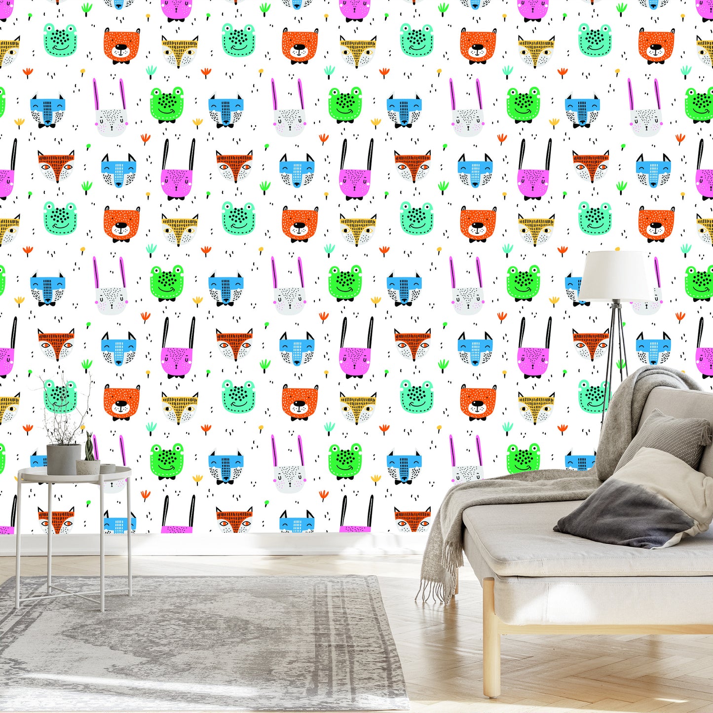 Wallpaper For Children - Cheerful Colorful Forest Animals In The Scandinavian Style