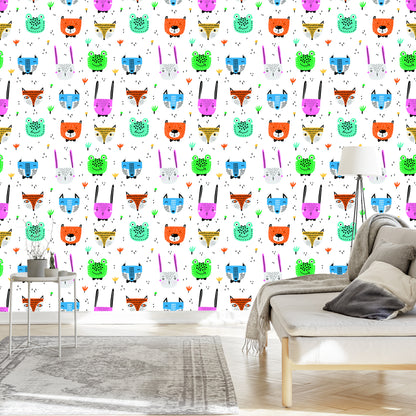 Wallpaper For Children - Cheerful Colorful Forest Animals In The Scandinavian Style