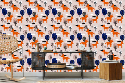 Wallpaper Foxes With Trees And Clouds