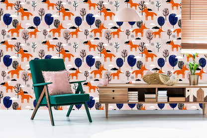 Wallpaper Foxes With Trees And Clouds