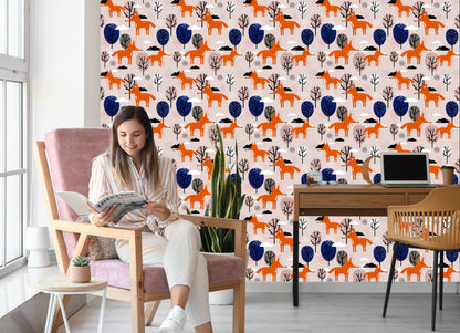 Wallpaper Foxes With Trees And Clouds