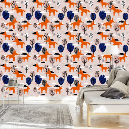 Wallpaper Foxes With Trees And Clouds