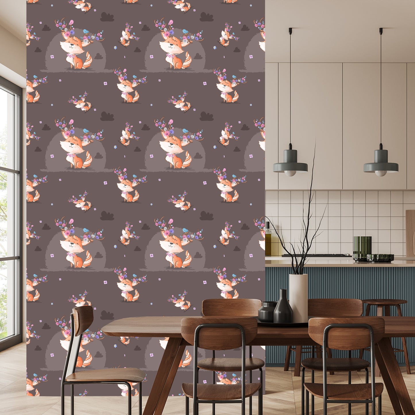 Wallpaper Foxes, Birds And Flowers