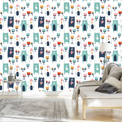 Wallpaper Teddy Bears Among Flowers
