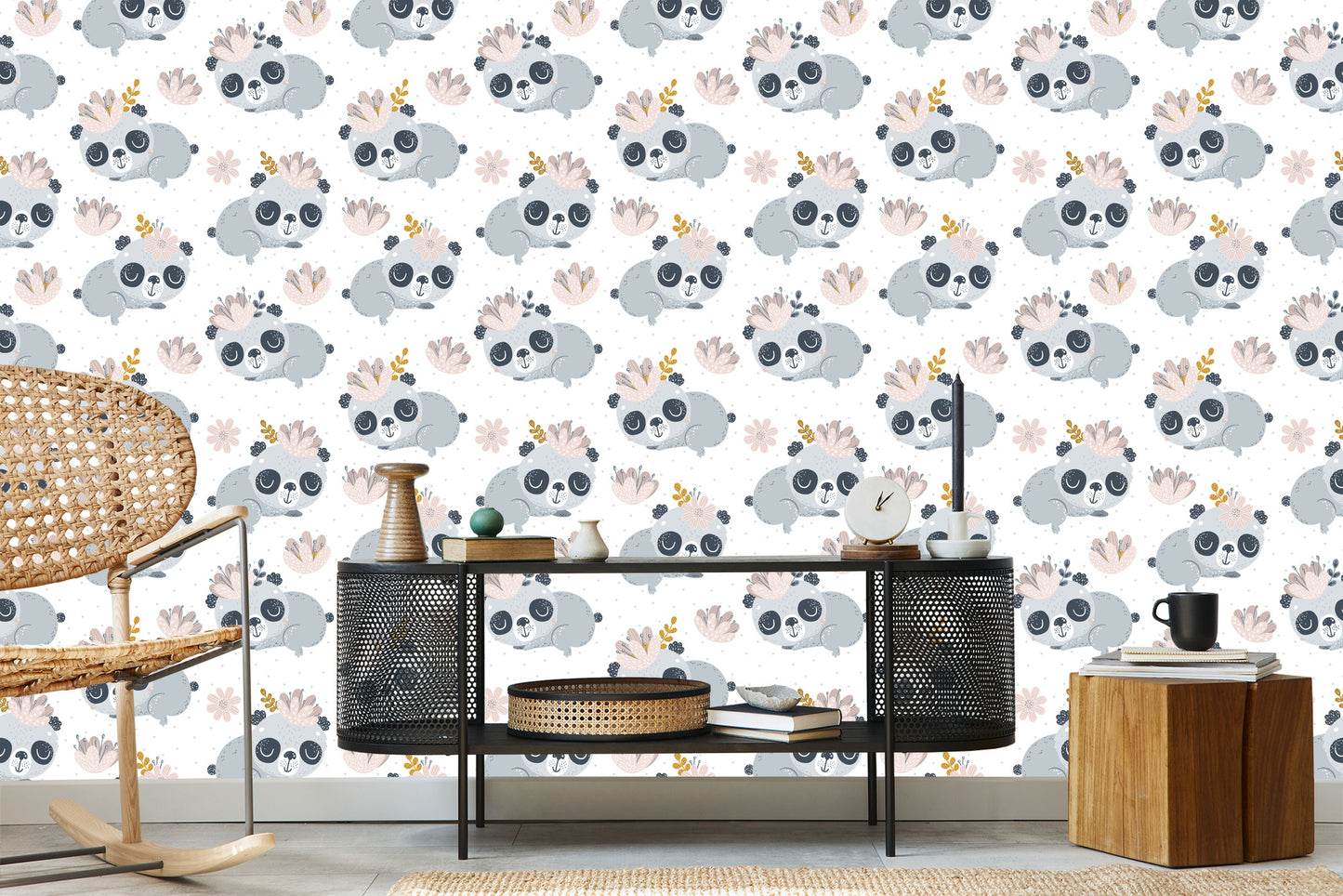 Wallpaper Pandas Among Flowers