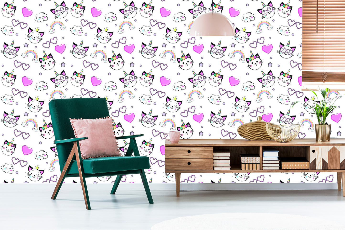 Wallpaper For Children - Little Kittens, Hearts And Stars