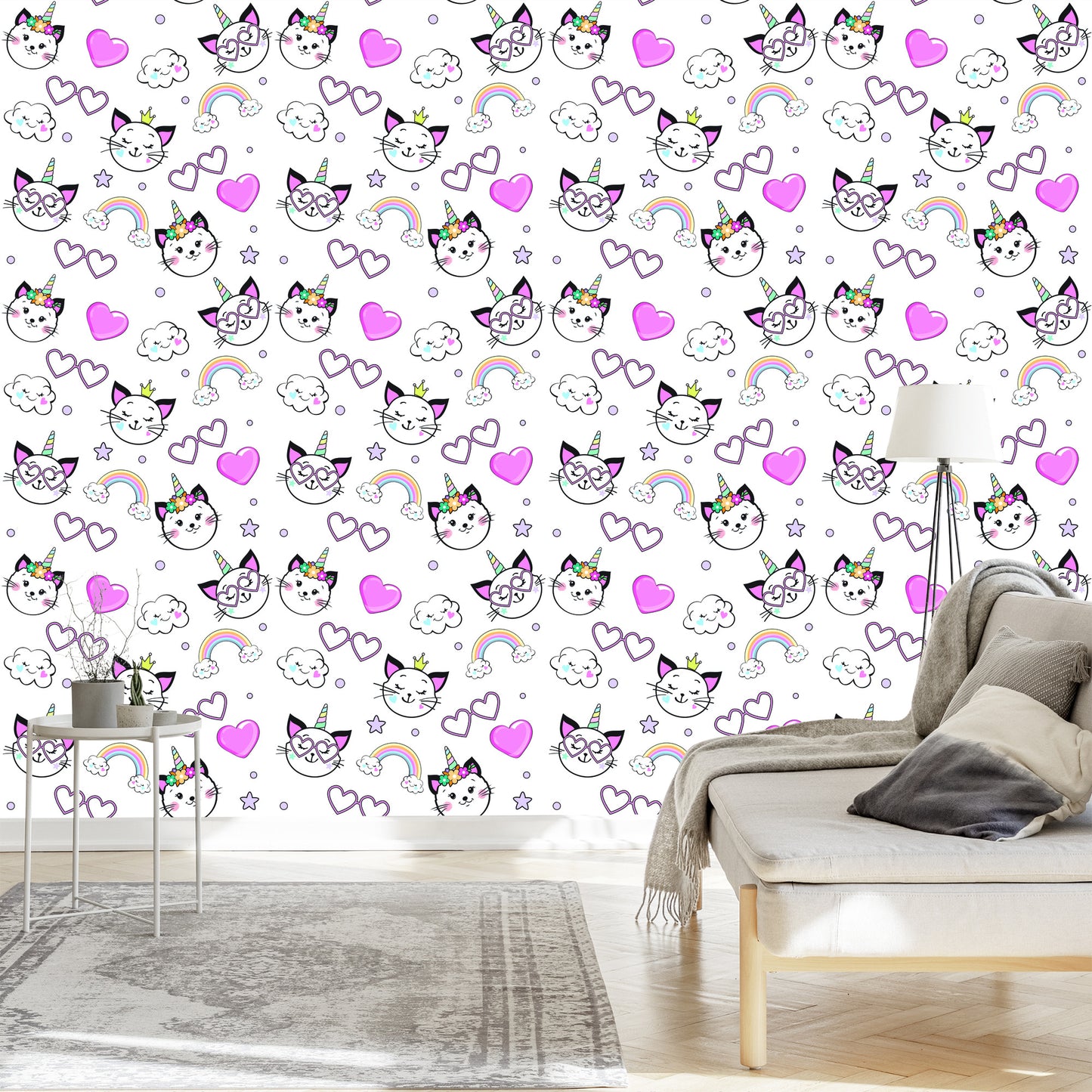 Wallpaper For Children - Little Kittens, Hearts And Stars