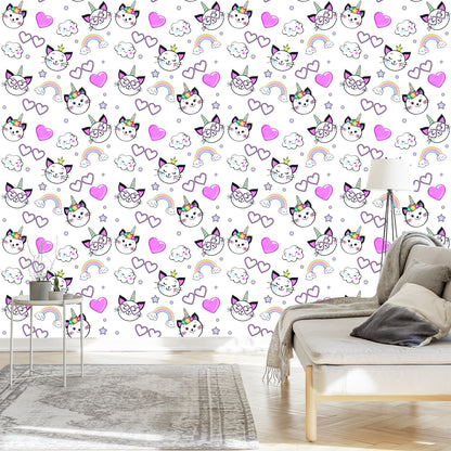 Wallpaper For Children - Little Kittens, Hearts And Stars