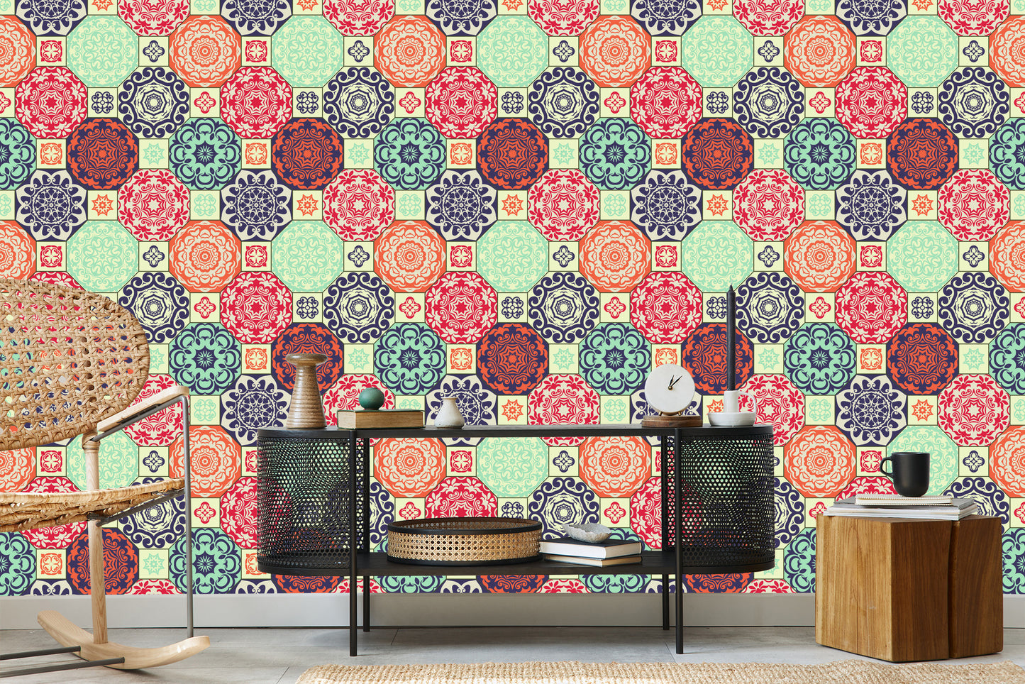 Wallpaper Colorful Ornaments In Retro Style