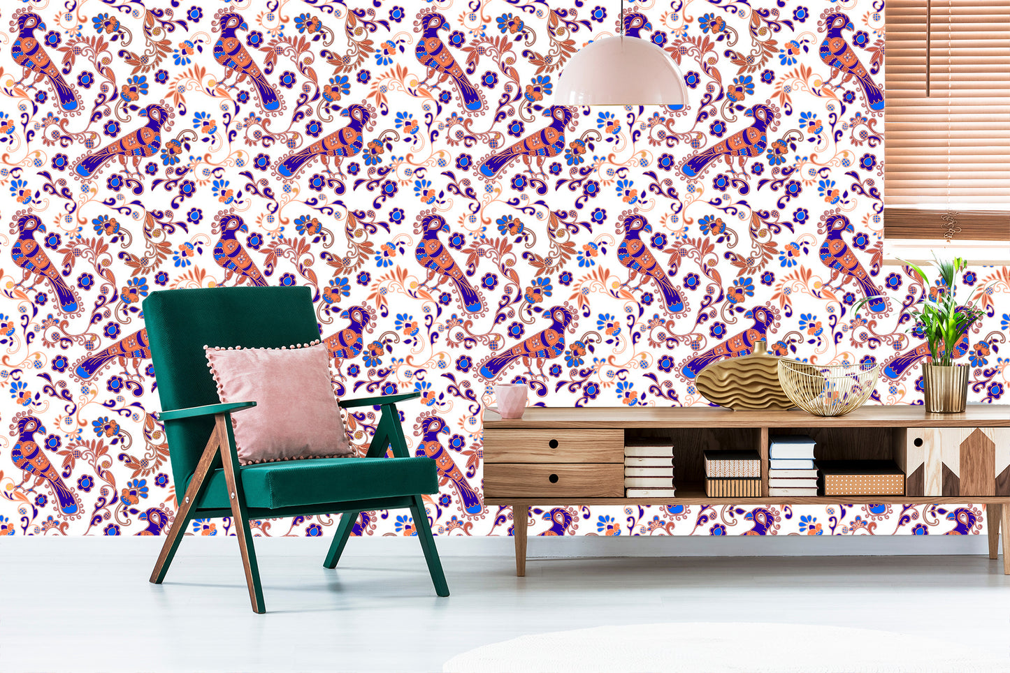 Wallpaper Birds And Plants Ornaments
