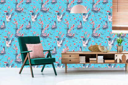 Wallpaper Cranes, Butterflies And Flowers