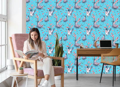 Wallpaper Cranes, Butterflies And Flowers