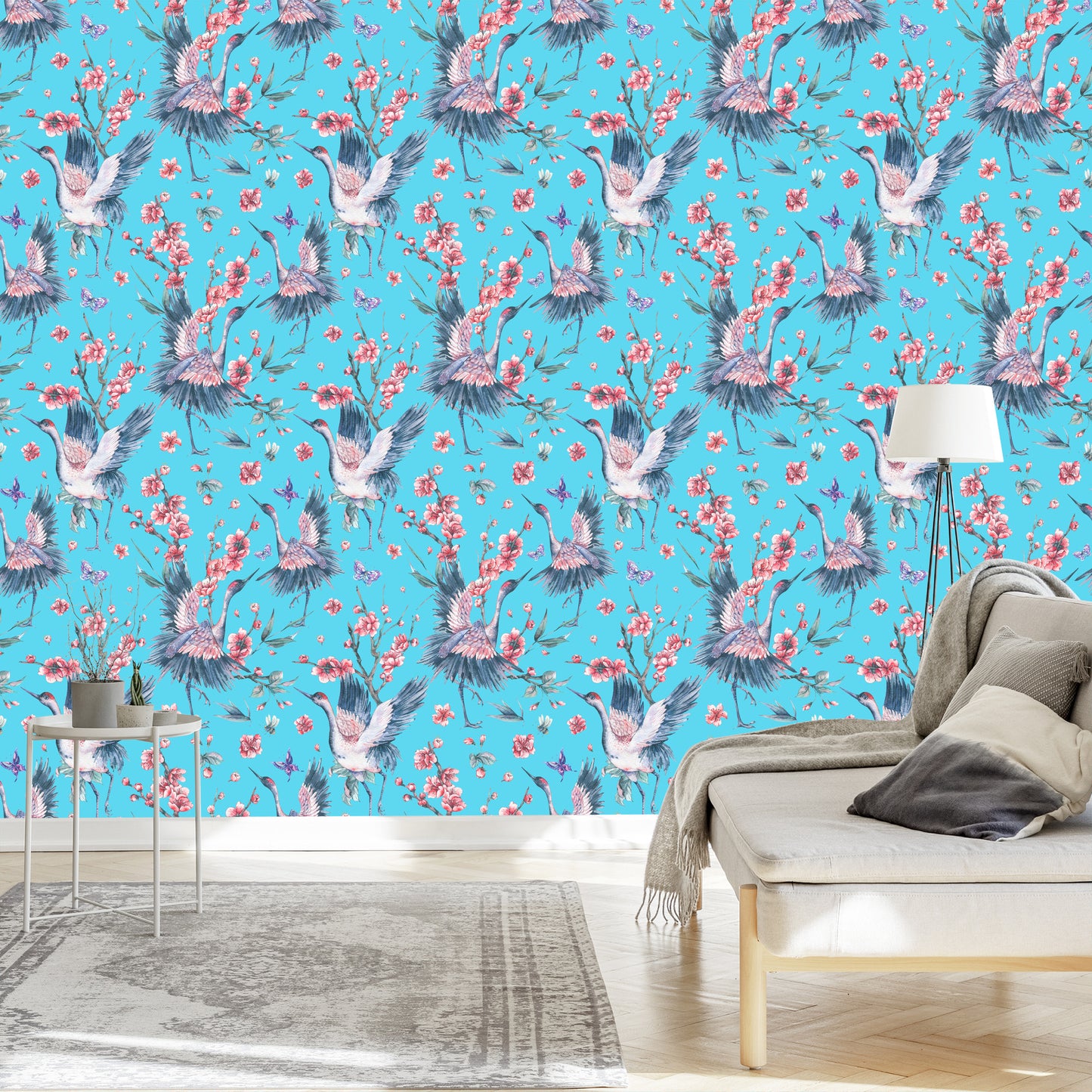 Wallpaper Cranes, Butterflies And Flowers