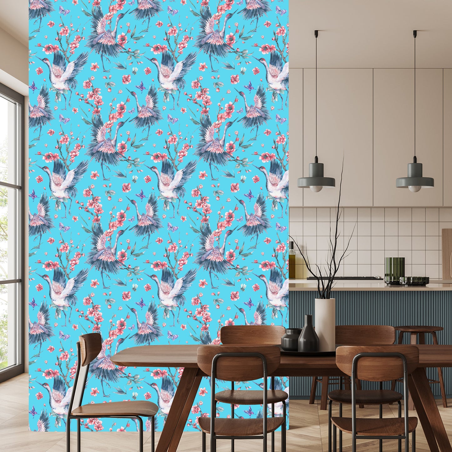 Wallpaper Cranes, Butterflies And Flowers