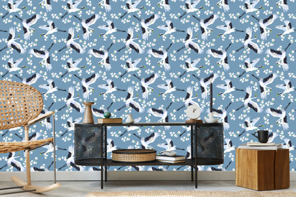 Wallpaper Flying Cranes Among Flowers