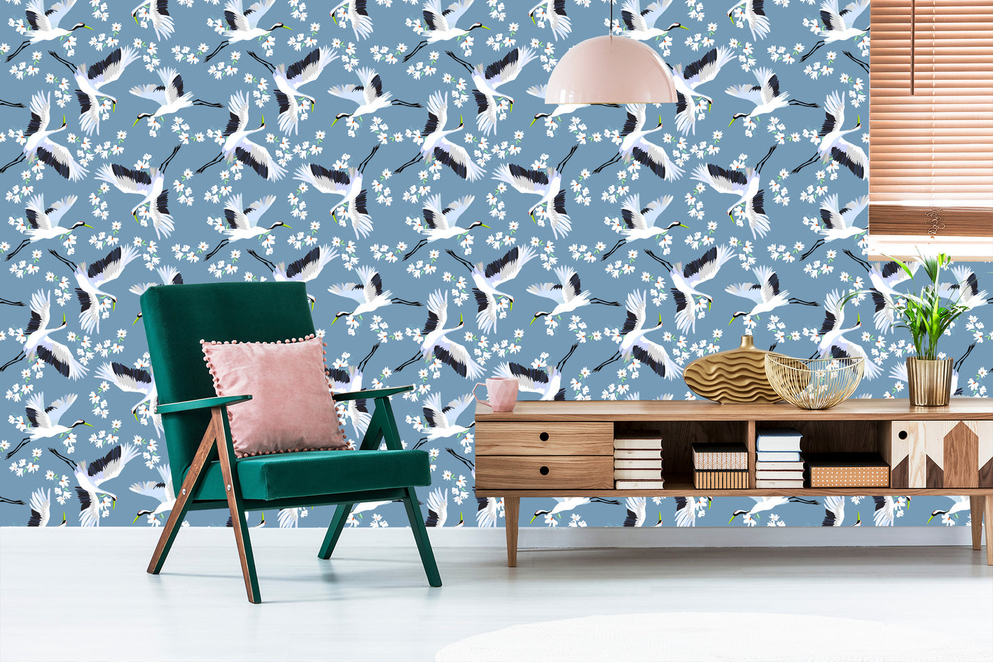 Wallpaper Flying Cranes Among Flowers