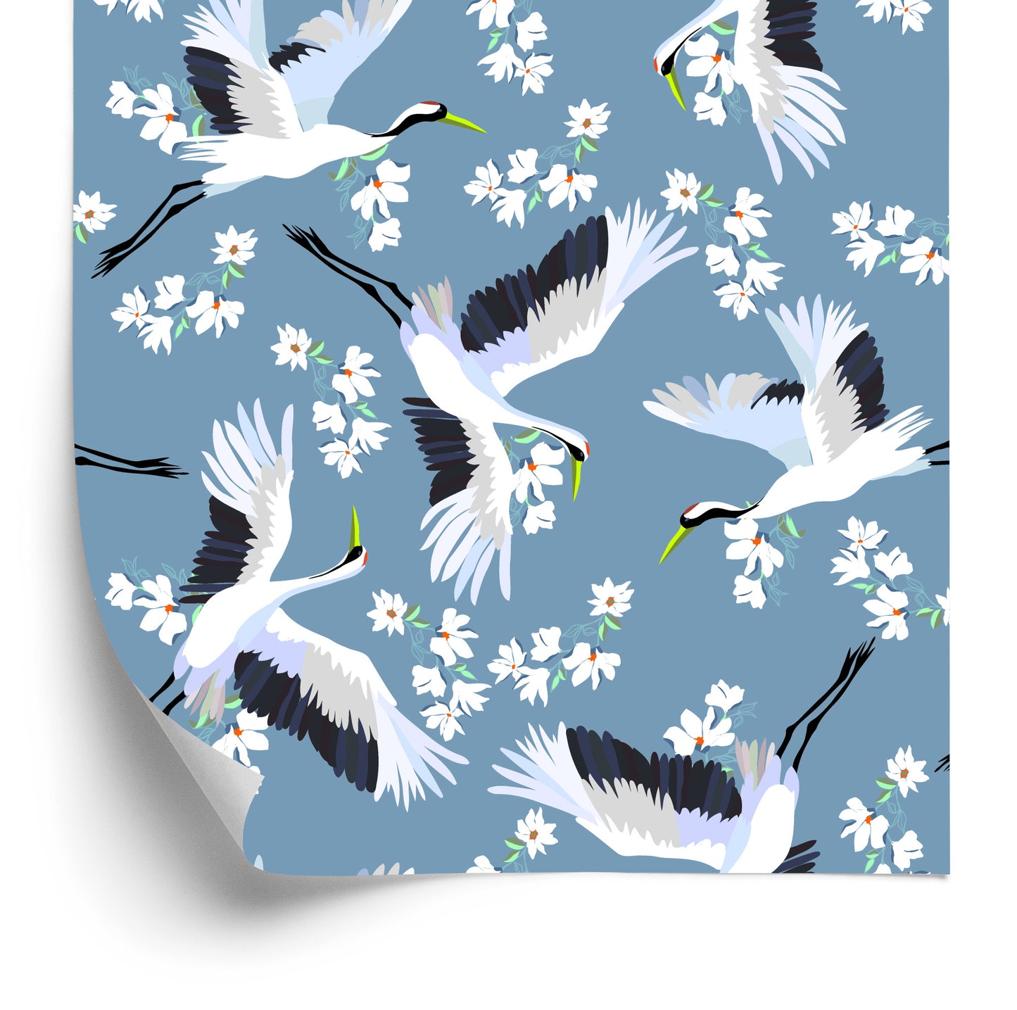 Wallpaper Flying Cranes Among Flowers