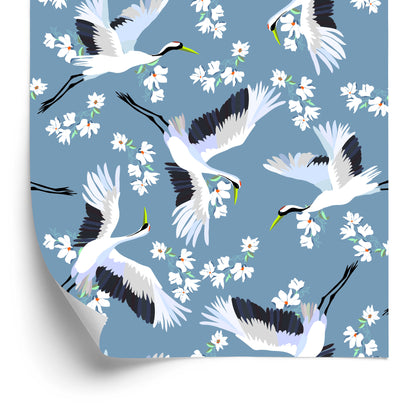 Wallpaper Flying Cranes Among Flowers
