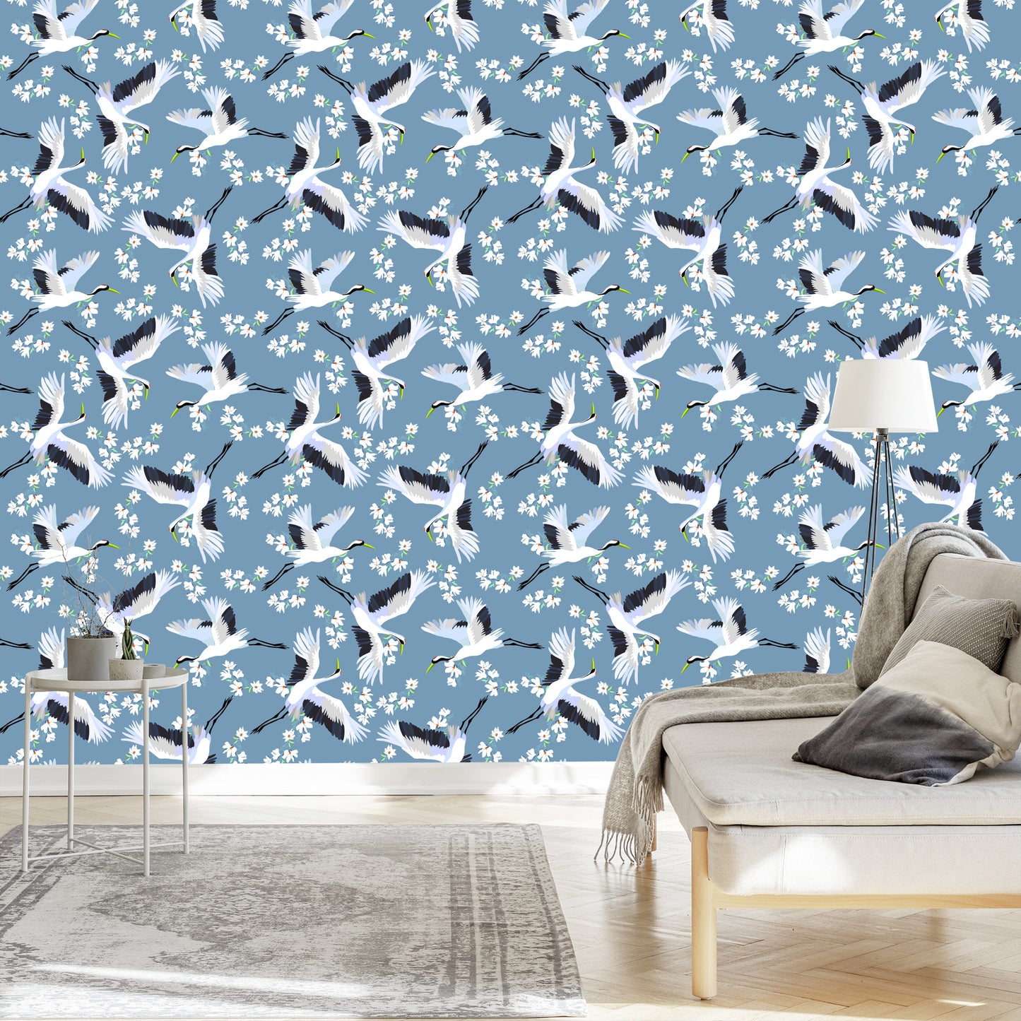 Wallpaper Flying Cranes Among Flowers