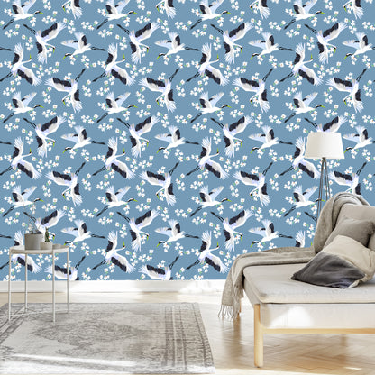 Wallpaper Flying Cranes Among Flowers