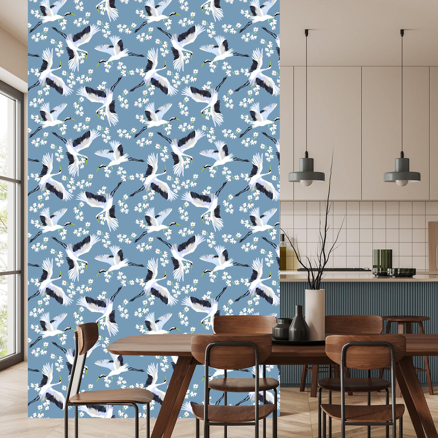 Wallpaper Flying Cranes Among Flowers